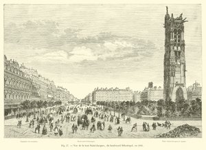 Widok na Tour Saint-Jacques, z Boulevard Sebastopol, w 1866 r. autorstwa French School