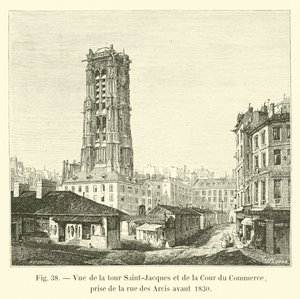 Widok na wieżę Saint-Jacques i Cour du Commerce, zaczerpnięty z rue des Arcis przed 1830 r. autorstwa French School