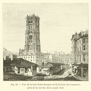Widok na wieżę Saint-Jacques i Cour du Commerce, zaczerpnięty z rue des Arcis przed 1830 r. autorstwa French School