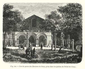 Widok na Palais des Thermes w Paryżu, zaczerpnięty z ogrodów Hôtel de Cluny (rycina) autorstwa French School