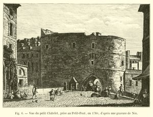 Widok Petit Chatelet, wykonany w Petit-Pont w 1780 r.; z grawerunku Nee autorstwa French School