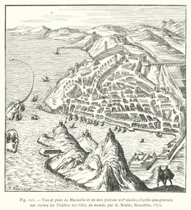 Widok i plan Marsylii i jej portu w XVI wieku; z miedziorytu Theatre des Citez du monde autorstwa G Bruina; Bruksela autorstwa French School
