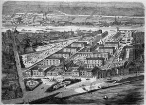 Widok z zewnątrz na Hotel Dieu (Hotel-Dieu) w Nantes, otwarty w 1863 roku. Szpital ten został prawie całkowicie zniszczony podczas bombardowania w 1943 roku. Loire Atlantique (44). Grawer w „Le Monde Illustre” nr 347 z 5 grudnia 1863 r. autorstwa French School