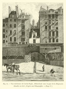 Widok z zewnątrz na łuk Popina, wyłaniający się pod zburzoną w 1840 r. Quai de la Megisserie; z litografii autorstwa French School