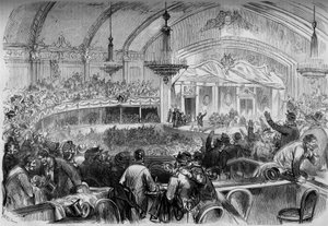 Wojna 1870 r. - wybory ustawodawcze podczas rozejmu - luty 1871 r.: zebranie wyborcze w Cabaret des Folies Bergeres w Paryżu w celu ogłoszenia kandydatów do Zgromadzenia Narodowego. Grawer w „”Le Monde Illustré””n°722 z 11 lutego 187 autorstwa French School