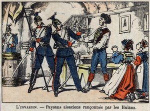 Wojna 1870 r. między Francją a Prusami: alzaccy chłopi ścigani przez obraz Hulanów (Ułanów, Houlanów) z Epinal. autorstwa French School