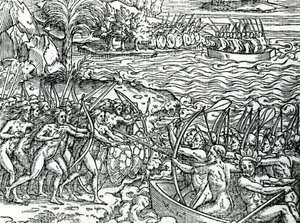 Scena wojny, Brazylia, ilustracja z „Singularities of France Antarctique”, Andre de Thevet, 1558 autorstwa French School