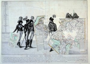 Wars of the Revolution: Generał Napoleon Bonaparte (1769-1821) trzymający mapę Włoch (w czasie kampanii włoskiej), aby rozwiązać zagadkę terytoriów podbitych przez Francję. Po lewej prawdopodobnie generałowie Hoche, Pichegru i Jean Victor (Jean- autorstwa French School