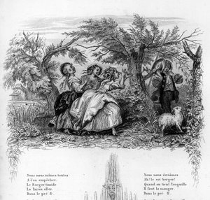 Byłyśmy trzema dziewczynami. Trzy dziewczyny bawią się z pasterzem i sprawiają, że czuje się niekomfortowo. Grawer w „”Chants et chansons populaire de la France””, Tom 2 autorstwa French School