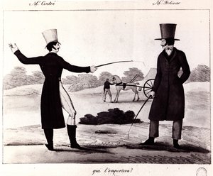 Kto wygra? Scena pojedynku M. Cintre z M. Bolivarem, ok. 1820 autorstwa French School