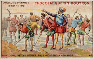 William of Orange niszczący groble, aby umożliwić zalanie Holandii (chromolitho) autorstwa French School