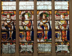 Okno przedstawiające Jacques de Bourbon (1315-61) Comte de la Marche, Jeanne de Chatillon-Saint-Pol (zm.1371) Jean I de Bourbon (1361-194) i Katarzynę, Comtesse de Vendome autorstwa French School