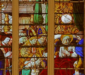 Okno przedstawiające św. Ludwika: cudownie wyzdrowieje z choroby i ślubuje udanie się do Ziemi Świętej (witraż) autorstwa French School