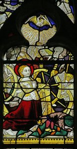 Okno przedstawiające modlącą się św Katarzynę i Anioły łamiące koło rzucającymi kamieniami, 1460-70 autorstwa French School