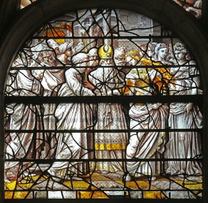 Okno w10 przedstawiające projekty Mystic Marriage of the Virgin autorstwa Durer n autorstwa French School