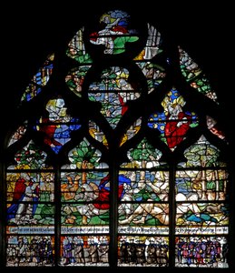 Okno w120 przedstawiające stworzenie i członków Confrérie de Charité autorstwa French School