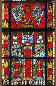 Okno w205 przedstawiające zamek i flagi z fleur-de-lis autorstwa French School