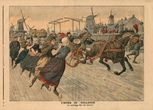 Zima w Holandii, jazda na łyżwach po kanale, ilustracja z „Le Petit Journal”, dodatek illustre, 13 stycznia 1907 (kolor litho) autorstwa French School