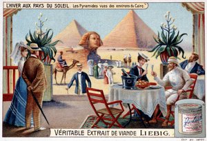 Zima w krajach słońca: piramidy widziane z okolic Kairu - winieta reklamowa, chromo. Liébiga, v.1900. autorstwa French School