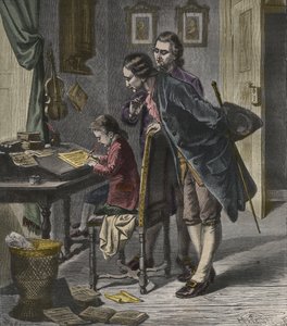 Wolfgang Amadeus Mozart piszący koncert w obecności swojego ojca Leopolda, ilustracja z „La Musique Populaire” autorstwa French School