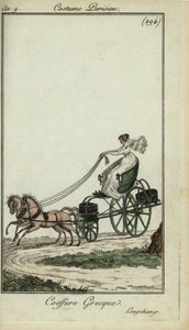 Kobieta w greckiej fryzurze prowadząca powóz w Longchamp autorstwa French School