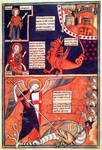 Kobieta apokalipsy zaatakowana przez siedmiogłowego smoka i św. Michał zabijający smoka, z Liber Floridus Lamberta de Saint-Omer, c.1120 autorstwa French School