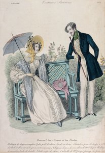 Kobieta z parasolem i mężczyzna w surducie w ogrodzie, tabliczka z modą z Journal des Dames et des Modes, 5 czerwca 1836 autorstwa French School