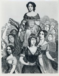 Kobiety niosące Jeanne Deroin (1805-94) w Triumph, z Les Femmes Celebres, tom I, Paryż, Mazenod, 1848 autorstwa French School