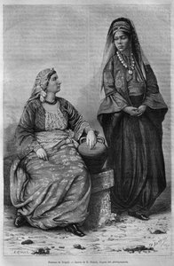 Kobiety z Trypolisu, z dzisiejszej Syrii. Podróżuje po Fenicji, Libanie i Judei. 1875-1880 Louis Charles Emile Lortet, 1884 (bw grawerowanie) autorstwa French School