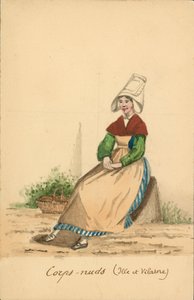Strój kobiecy z Corps-Nuds, Ille-et-Vilaine (kolorowa litografia) autorstwa French School