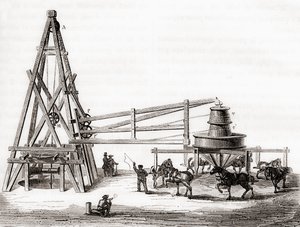 Robotnicy używający karuzeli i wciągarki do wiercenia studni artezyjskich w Grenelle we Francji w XIX wieku, z „Les Merveilles de la Science”, opublikowanej ok. 1870 r. (rycina) autorstwa French School