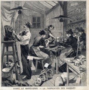 Warsztat produkcji masek do przebrań festiwalu Mardi Gras (Mardi-Gras). W „”Le Petit Parisien”” 14/02/1897 autorstwa French School