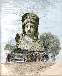 Wystawa Światowa 1878 w Paryżu: głowa Statuy Wolności Fryderyka Augusta Bartholdiego (1834-1904). Grawerowanie Edgarda Morina w „”The Illustrous World”” nr 1111 z 13 lipca 1878 r. autorstwa French School