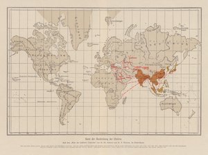 Mapa świata przedstawiająca rozprzestrzenianie się cholery (kolorowa litografia) autorstwa French School