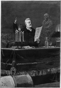 Pisarz Victor Hugo (1802-1885) przemawiający z okazji setnej rocznicy śmierci Woltera, słynnego w Theatre de la Gaite w Paryżu 30 maja 1878 r. Grawer w „”Le Monde Illustré” nr 1106 z 8 czerwca 1878. autorstwa French School
