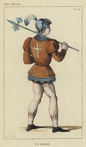 XIV wiek, Żołnierz (kolorowa rycina) autorstwa French School