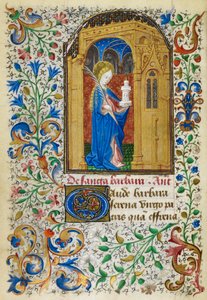 Yates Thompson 3, fol.289v Miniatura św. Barbary pod złotym łukiem, niosąca palmę i jej wieżę, z pełną ramką liściastą, na początku głosowania, z „Godzin Dunois”, ok. 1440-c. 1450 (welum) autorstwa French School