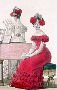 Młoda kobieta w krepowej sukni wieczorowej z wyszukanym nakryciem głowy, reklama w Modes de Paris, ok. 1825 autorstwa French School