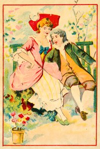 Młoda para na ławce w ogrodzie (chromolitho) autorstwa French School