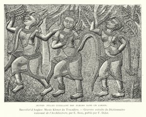 Młode dziewczyny zrywające kwiaty w ogrodzie, płaskorzeźba z Angkor, Kambodża (rycina) autorstwa French School