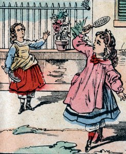 Młode dziewczyny grające w battledore i wolant, wczesna gra podobna do badmingtona - Obraz Epinal - XIX wiek (rycina) autorstwa French School