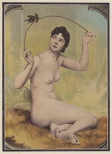 Młoda naga kobieta z ptakami (kolor litho) autorstwa French School