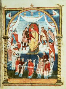 ds Lat 1 fol.423r Król Karol II Otrzymanie Biblii od hrabiego Viviana i mnichów Saint-Martin de Tours, z I Biblii Karola Łysego, c.843-51 autorstwa French School