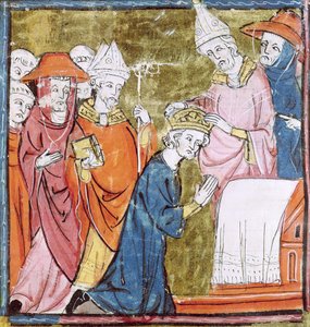 f.106r Koronacja cesarza Karola Wielkiego (742-814) przez papieża Leona III (ok. 750-816) w St. Peters, Rzym w 800, Grandes Chroniques de France, 1375-79 autorstwa French School
