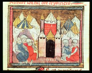 f.259r Oblężenie Chateau-Gaillard w 1204, kiedy Filip August z Francji (1165-1223) pokonał angielskiego króla Jana (Lackland) (1199-1216), z Grandes Chroniques de France, 1375-79 autorstwa French School