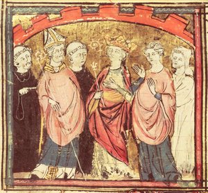 f.73r Dagobert I (605-39), król Franków otrzymujący Królestwo Francji, z Grandes Chroniques de France, 1375-79 autorstwa French School