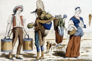 ilustracja paryskich strojów w XVIII wieku: przewoźnik wody, handlarz melonami, szyfonier, handlarz przyjemnościami. autorstwa French School