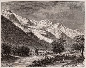 dolina Chamonix i mont Blanc - rycina w „La France illustrée: geografia, historia, administracja statystyczna” autorstwa V.A. Malt-Browna. 1884 autorstwa French School