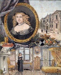 portret Marie de Rabutin-Chantal (Rabutin Chantal), markizy Sevigne znanej jako Madame de Sevigne (1626-1696) i jej rezydencji Hotel Carnavalet. autorstwa French School