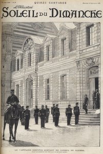 sprawa Dreyfusa - Kapitan Alfred Dreyfus odchodzi z Rady Wojennej - Sprawa Dreyfusa - Proces de Rennes - Alfred Dreyfus opuszcza Radę Wojenną (1899) - „Le soleil du diamanche”” z 1899 r. autorstwa French School